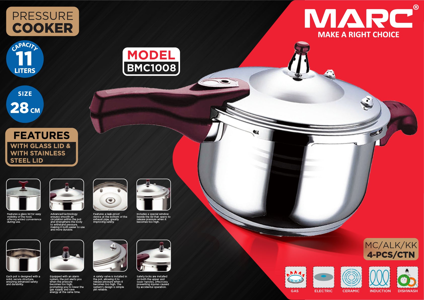 11L Stainless Steel Pressure Cooker BMC1008