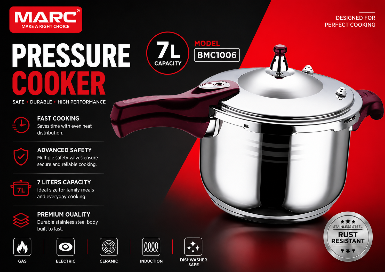 7L Stainless Steel Pressure Cooker BMC1006