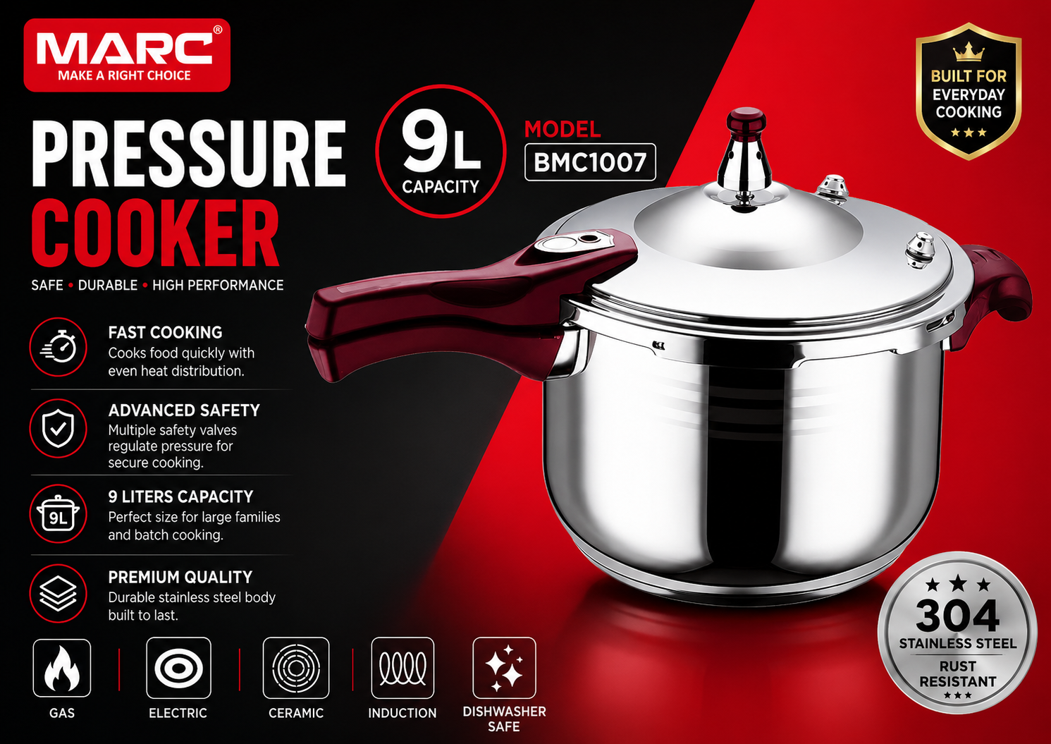 9L Stainless Steel Pressure Cooker BMC1007